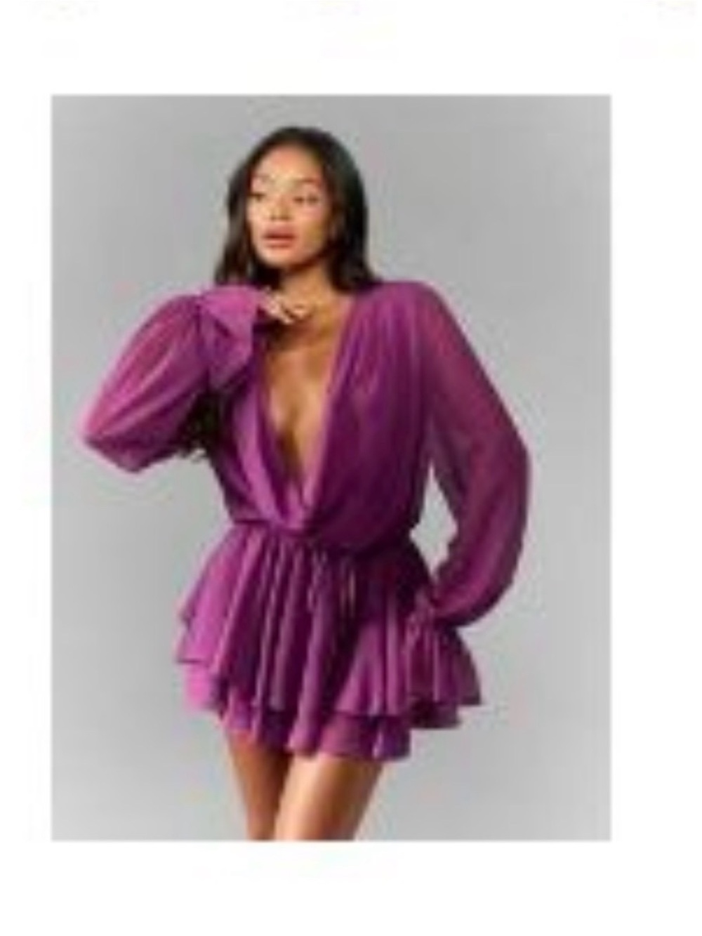 Women's V-Neck Long Sleeve Ruffled Mini Dress - Magenta